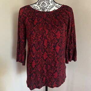 Michael Kors Snakeskin Reptile Print Bell Sleeve Top Blouse - XS- Red Black